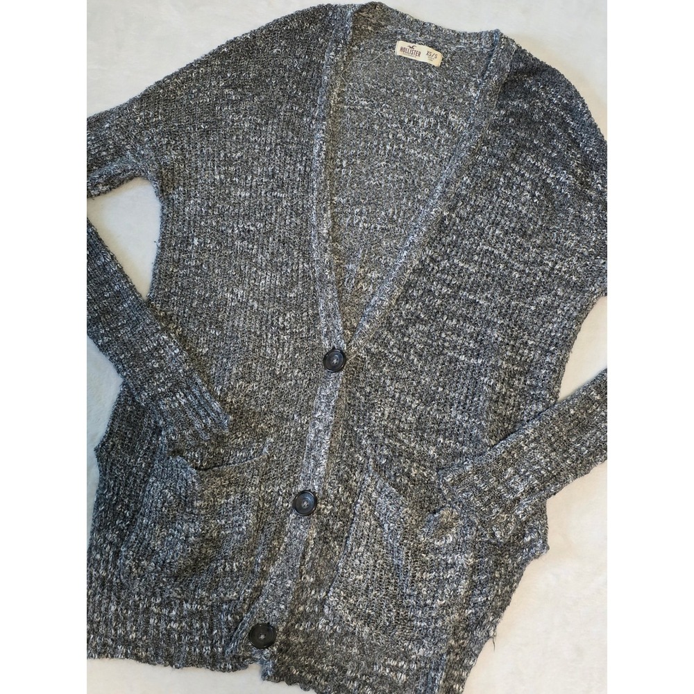 Hollister Vintage Grey Marled Knit Button Front Cardigan Sweater Pocket XS/S Y2K